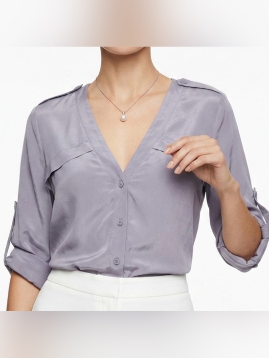 BCBGMaxAzria Tops - BCBGMAXAZRIA Drew 100% Silk Roll-Tab Blouse - Frosted Plum - Size S